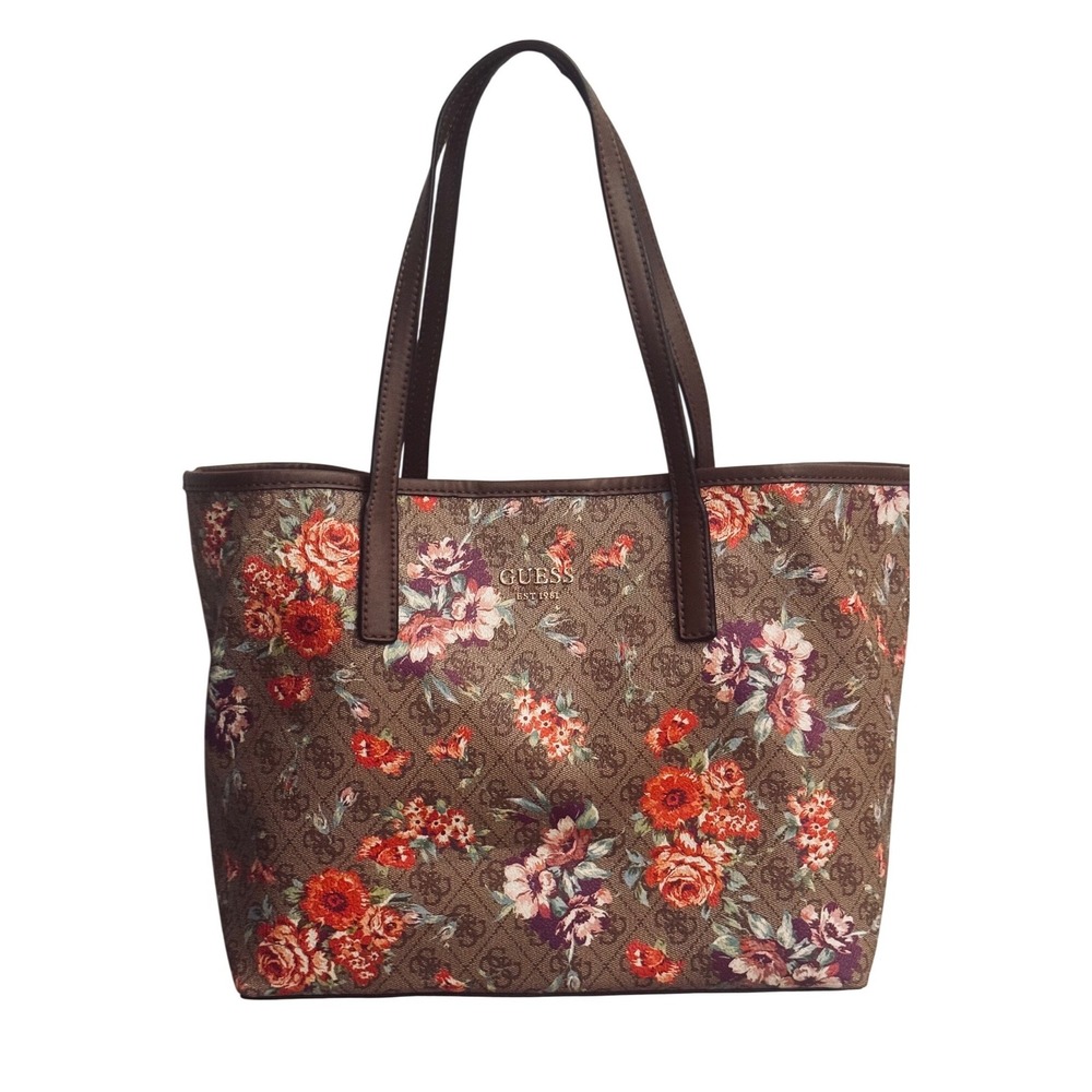 Guess Vikky floral Monogram‎ Tote Bag Brown Rose Print FL699523 11x13x6" EUC